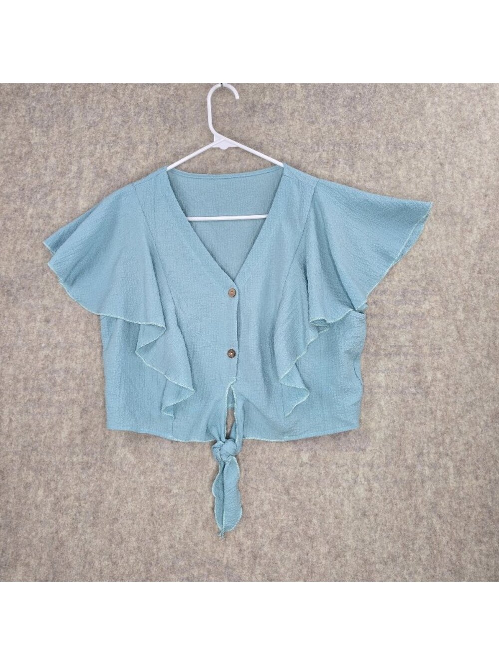 Shein Womens Ruffle Sleeve Tie Front Top Light Blue XL V-Neck Button-Down